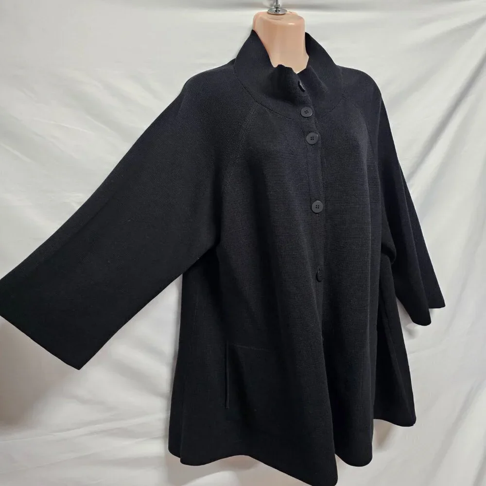 Eileen Fisher Button Up Mock Neck Kimono Jacket Women Size L Black Silk/Cotton